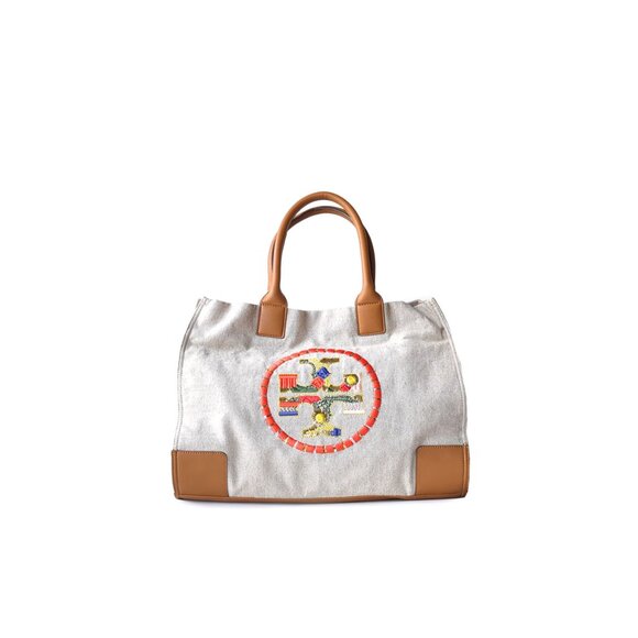 TORY BURCH Tote Ella Large Embroidered Logo Canvas Tote - Picture 1 of 11